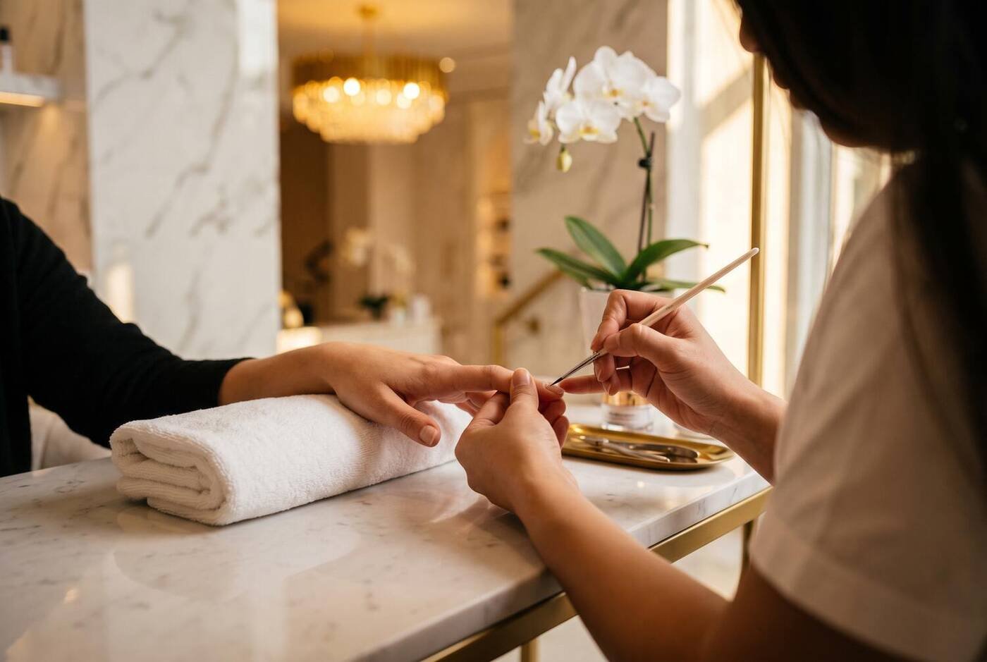 An artist at work at a marble manicure table