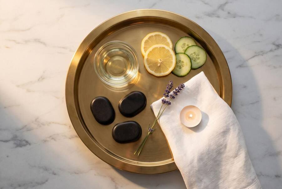 Gold tray with oil, hot stones, lemon and lavender