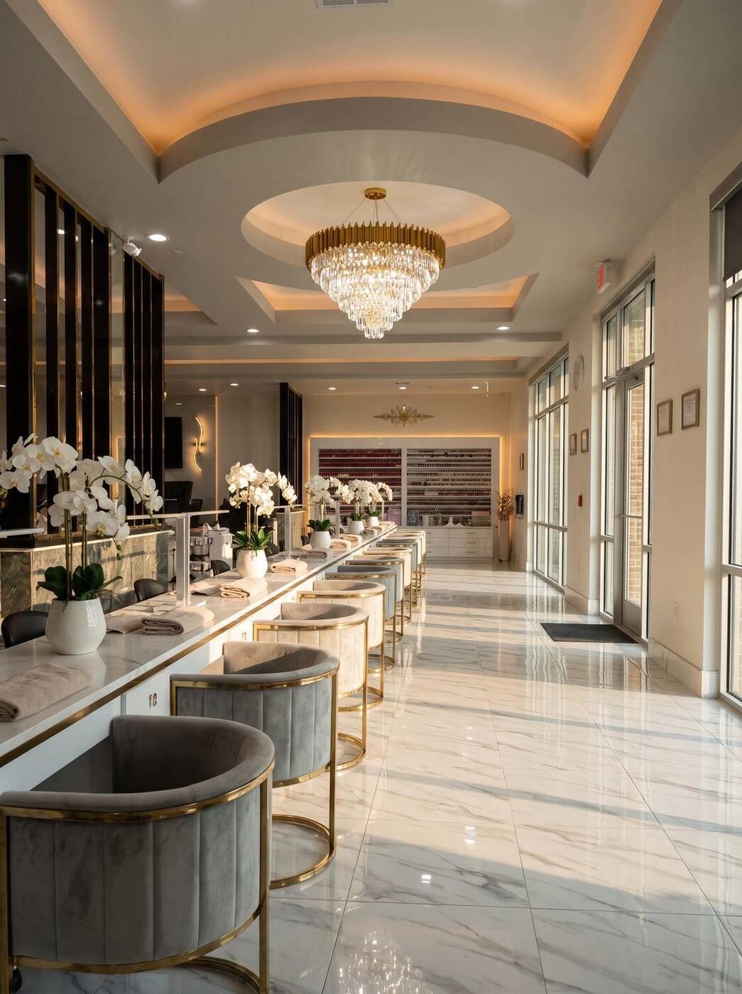 The manicure floor at Greenville Nail Bar under crystal chandeliers