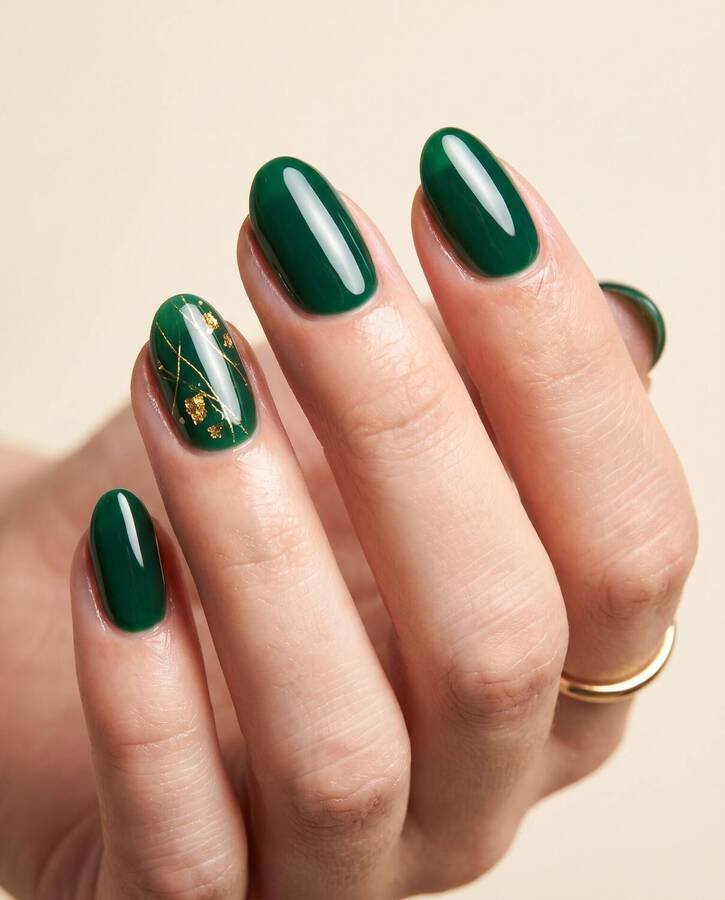 Short almond nails in emerald gel with gold leaf