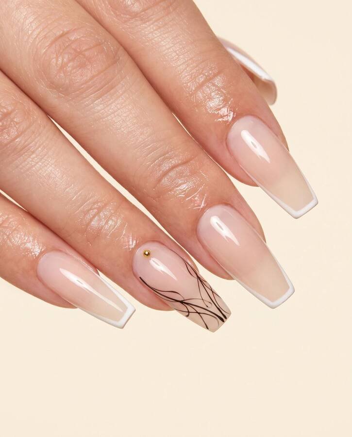Micro French coffin nails with fine line art