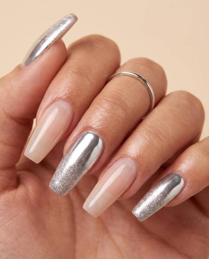 Silver chrome and glitter coffin nails
